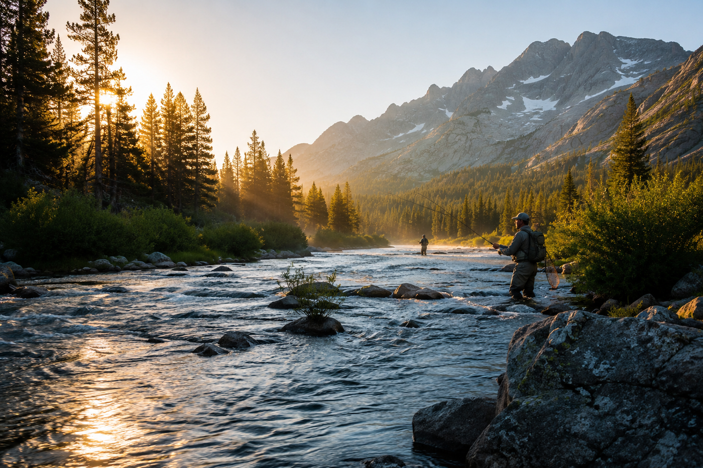 2 Fisherman fishing early morning up in mountains