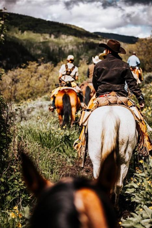 Group traveling through mountains on horseback