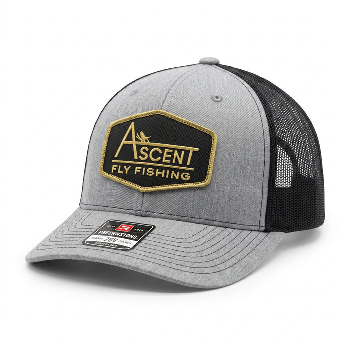 Ascent Fly Fishing Gold Hexagon Patch Trucker Hat – Heather Grey/Black