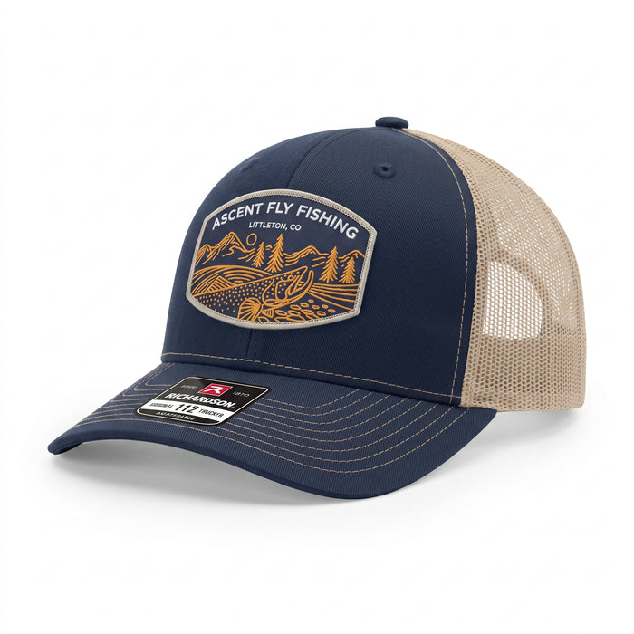 Ascent Fly Fishing Mountain & Stream Trucker Hat – Navy/Khaki
