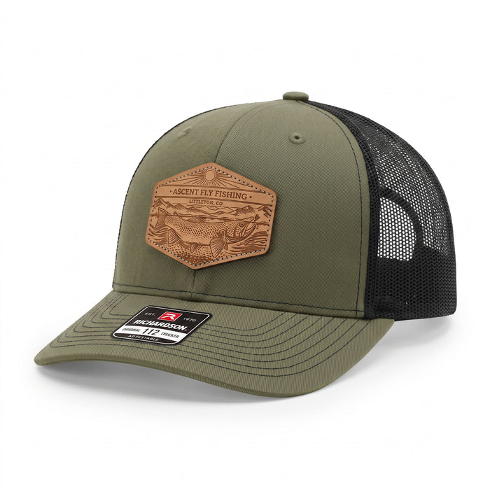 Ascent Fly Fishing Embossed Leather Patch Trucker Hat – Olive/Black