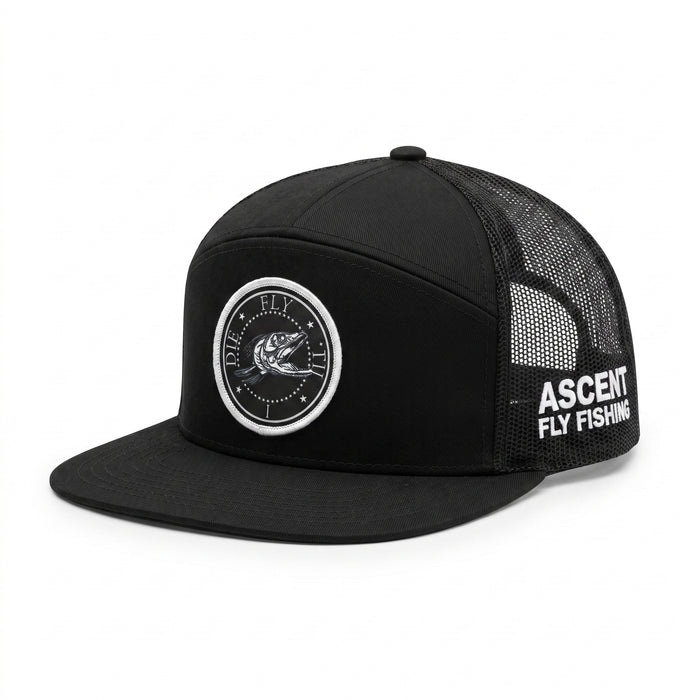 Ascent Fly Fishing "Fly Die" Black 7-Panel Flat Brim Trucker Cap