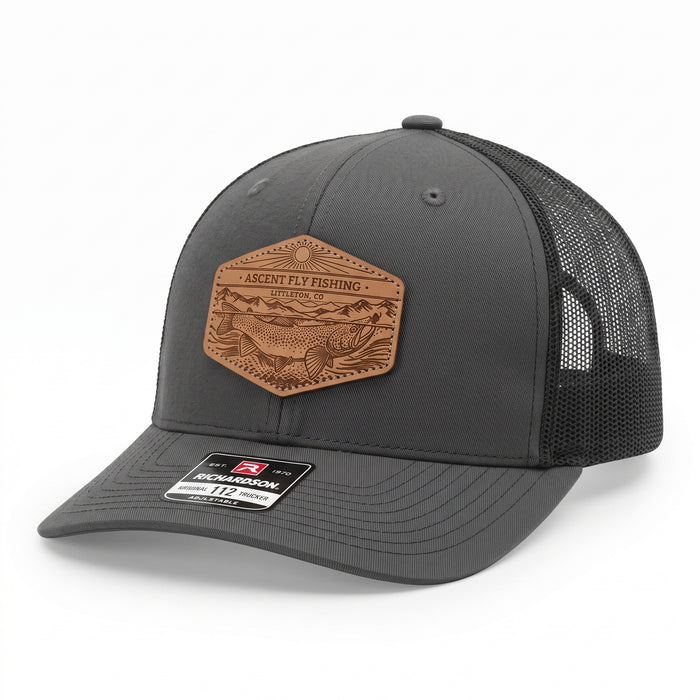 Ascent Fly Fishing Embossed Leather Patch Trucker Hat – Charcoal/Black